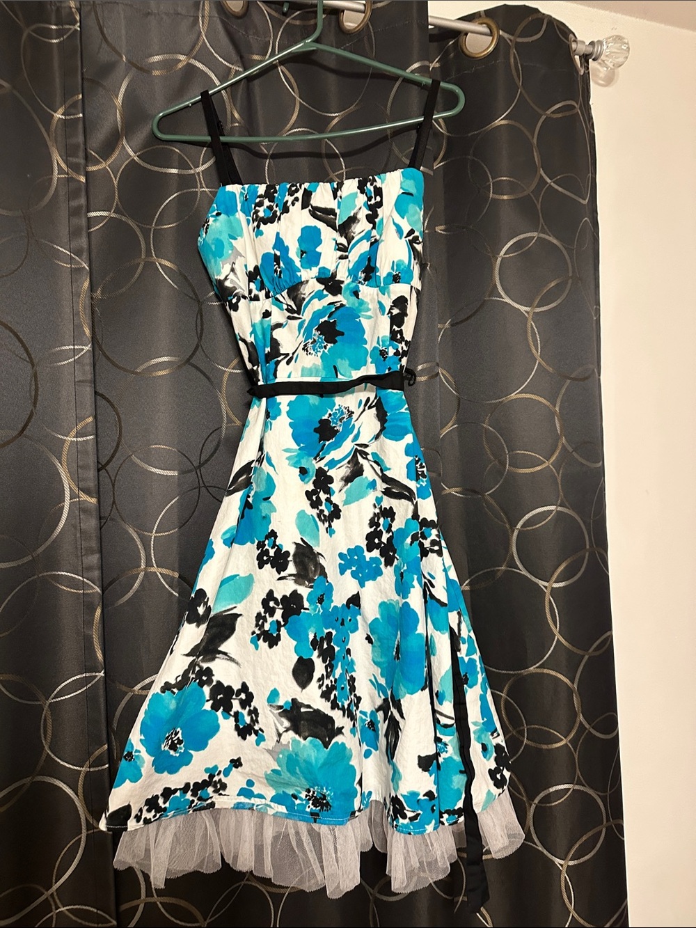 Dress Barn Turquoise, Black & White Strapless Floral Fit-and-Flare Dress